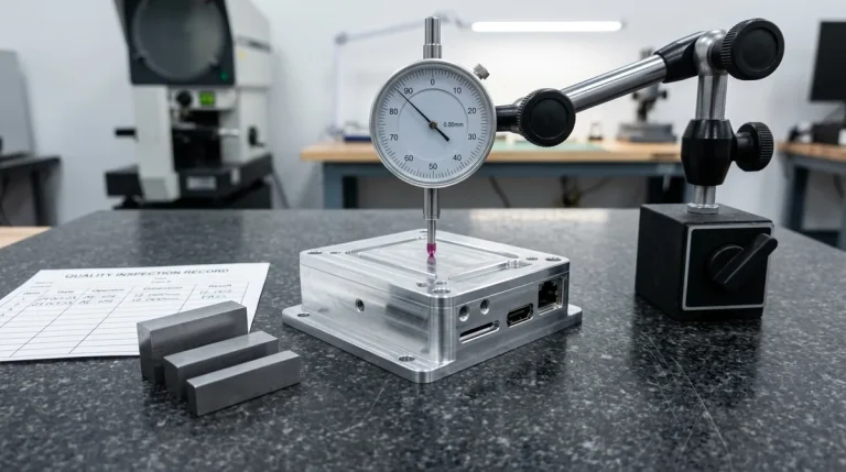 Precision CNC prototype aluminum housing on granite surface plate during dimensional metrology inspection
