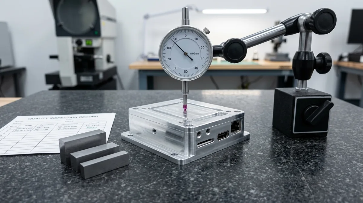 Precision CNC prototype aluminum housing on granite surface plate during dimensional metrology inspection