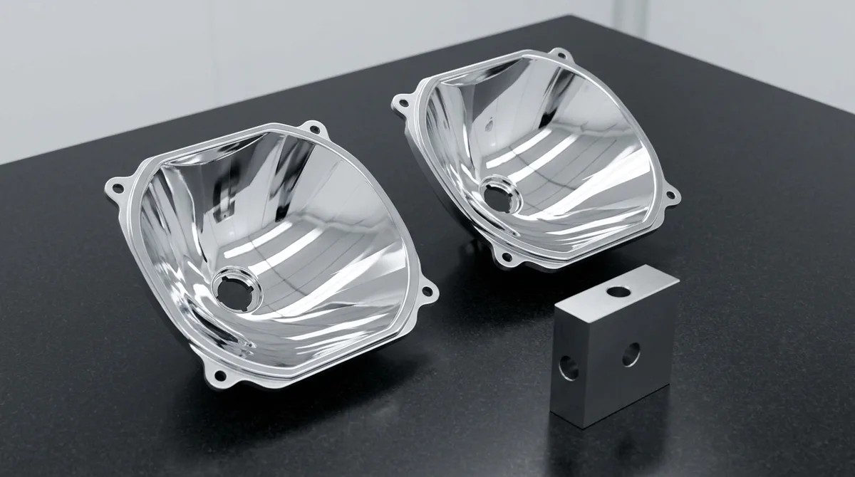 High-vacuum PVD aluminum metallized automotive prototype headlamp freeform reflector bowls with SiOx protective topcoat