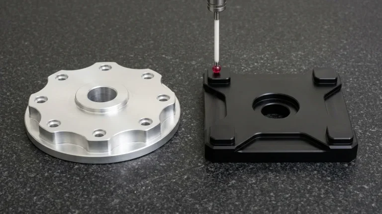Clear-anodized 6061-T6 rotary flange and black 7075-T6 motor mount plate undergoing bridge CMM ruby probe inspection