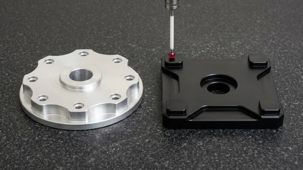Clear-anodized 6061-T6 rotary flange and black 7075-T6 motor mount plate undergoing bridge CMM ruby probe inspection