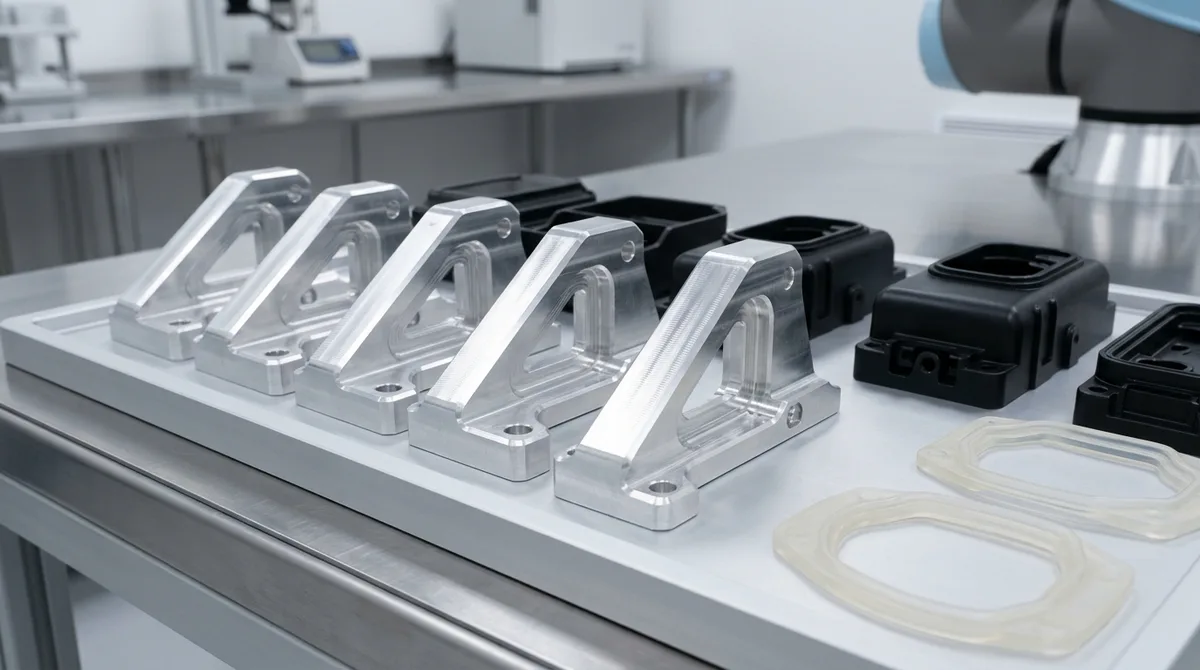 Agile bridge-batch prototype sprint showing series of CNC milled aluminum structural brackets and polyurethane vacuum cast elastomer gaskets