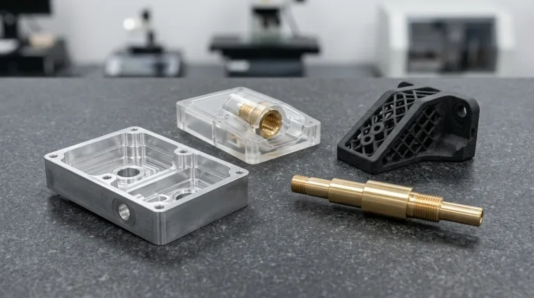 Comprehensive rapid prototyping manufacturing showcase featuring CNC milled aluminum, clear SLA resin, SLS nylon lattice bracket, and turned brass shaft