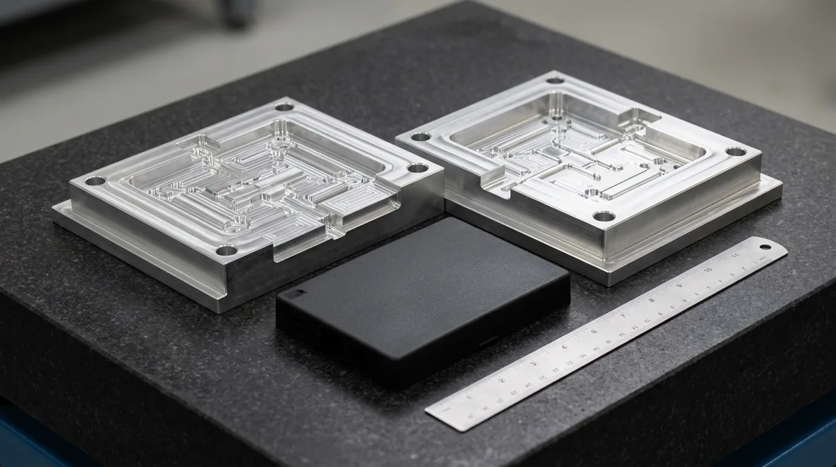 CNC machined aluminum 7075 MUD injection mold inserts with molded thermoplastic prototype covers