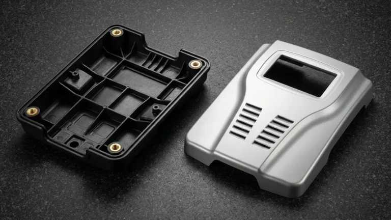 Reaction Injection Molded polyurethane diagnostic enclosures on granite showing ribbed walls and brass threaded inserts.