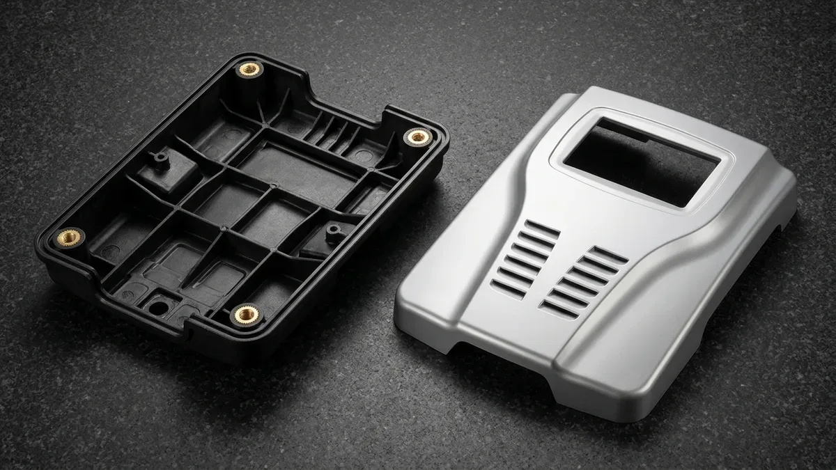 Reaction Injection Molded polyurethane diagnostic enclosures on granite showing ribbed walls and brass threaded inserts.