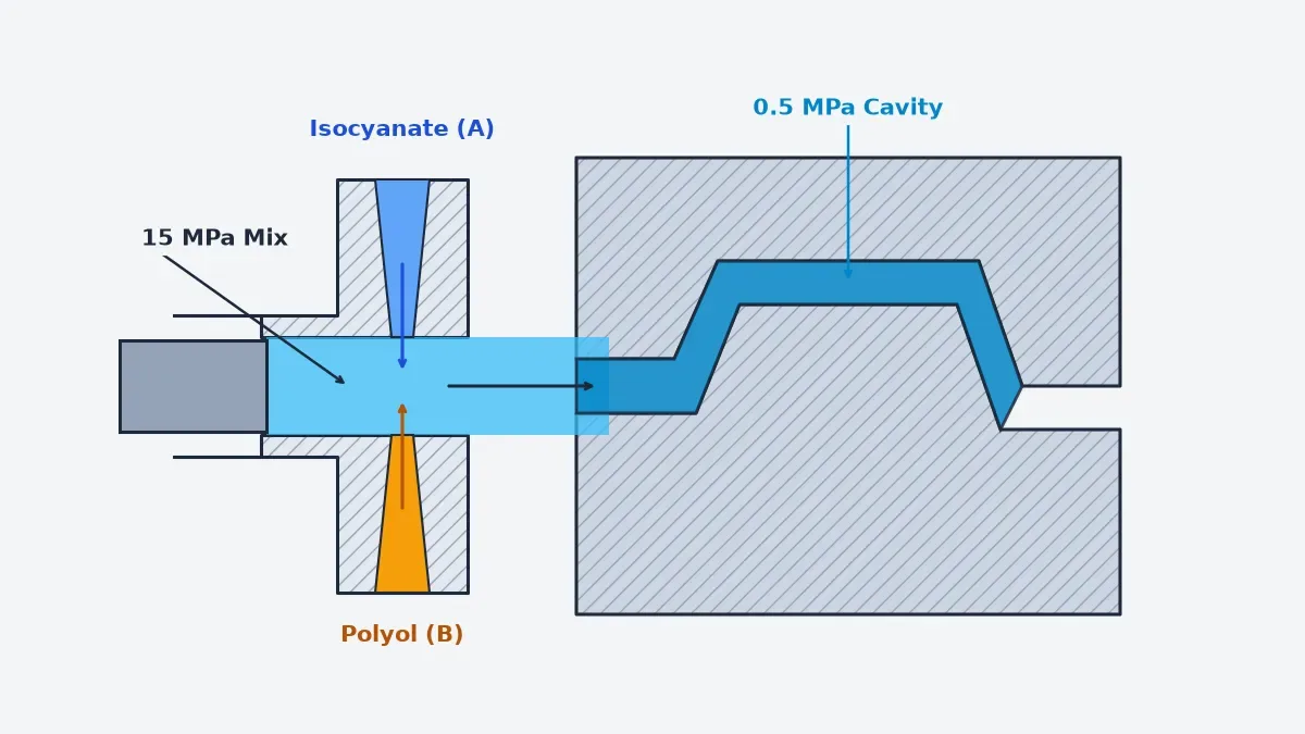 CAD cross-section schematic of a Reaction Injection Molding impingement mixhead feeding a low-pressure mold cavity.