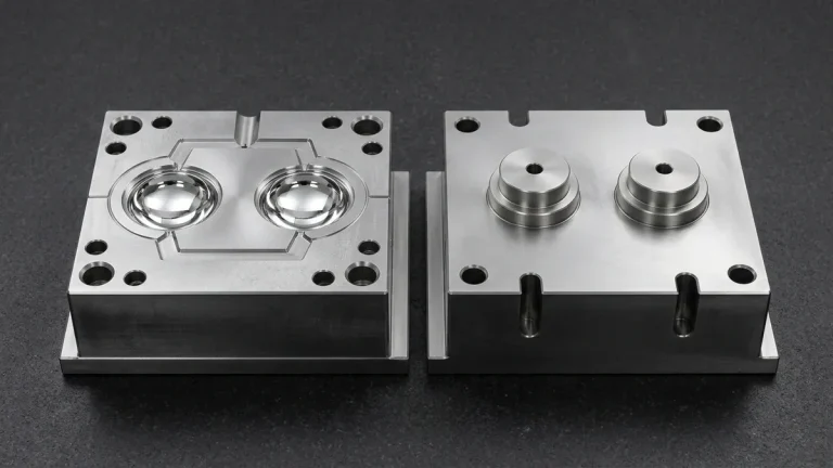 Hardened S136 tool steel injection mold cavity and core blocks showing SPI A-1 diamond mirror polish