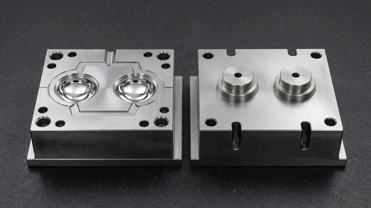 Hardened S136 tool steel injection mold cavity and core blocks showing SPI A-1 diamond mirror polish