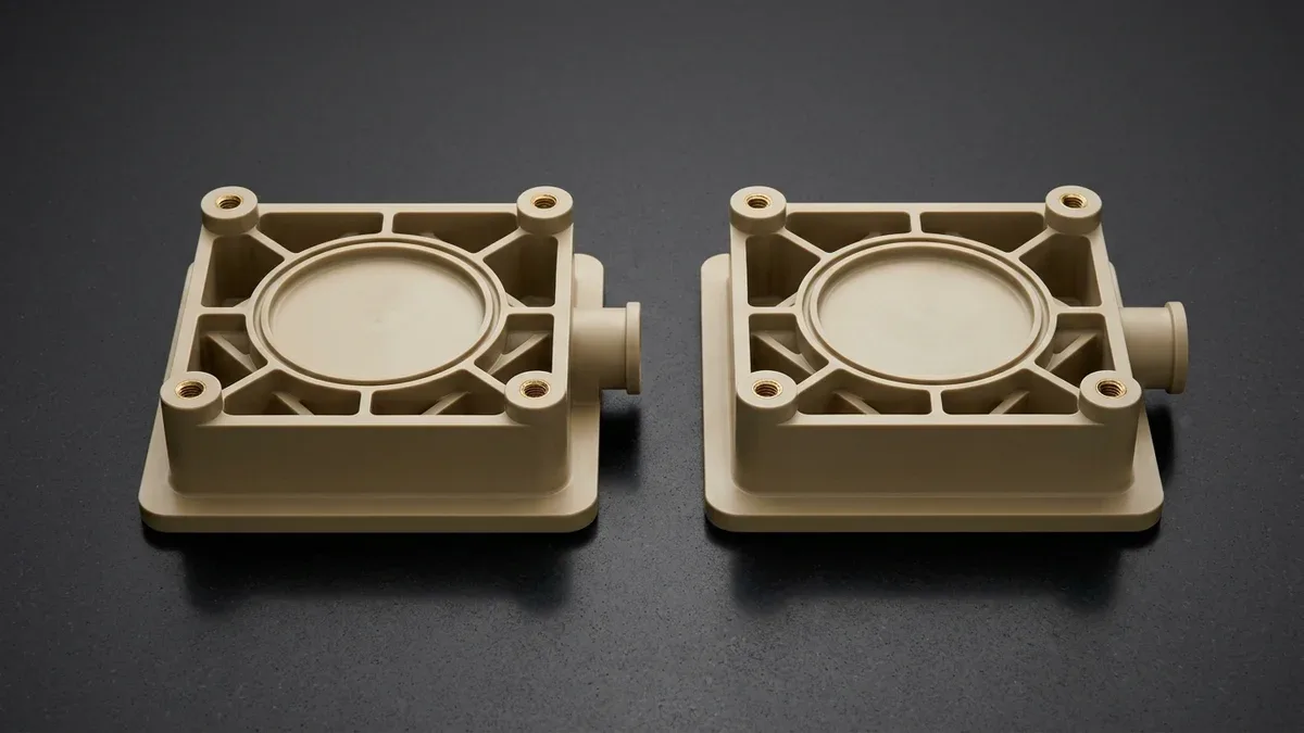 Precision injection-molded natural PEEK fluidic diaphragm valve manifold bodies with brass inserts and sealing grooves