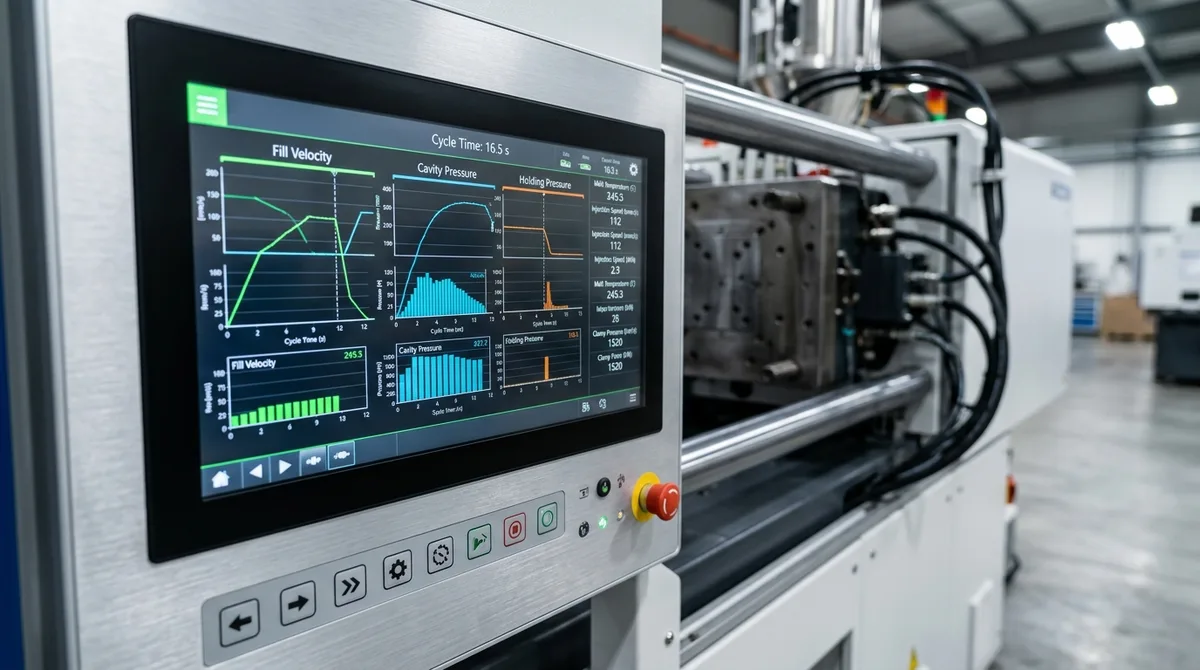 All-electric injection molding press touchscreen displaying cavity fill speed curves and decoupled molding parameters