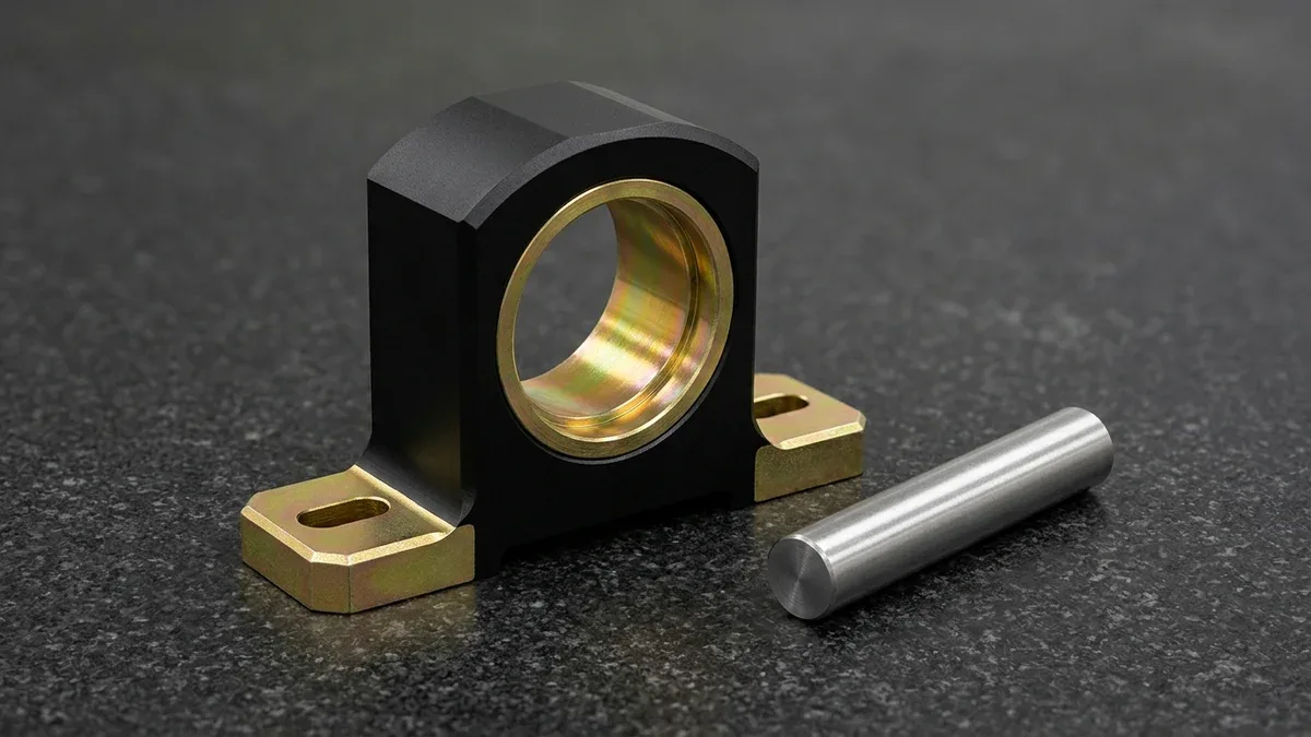 Dual-finish 6061-T6 aluminum pillow-block bearing housing with black anodized body and masked golden chromate conversion bore