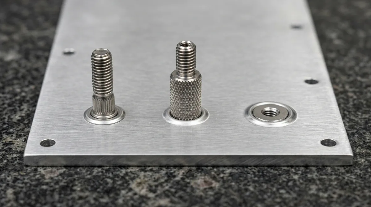 Stainless steel self clinching threaded studs standoffs and flush clinch nuts installed into precision aluminum sheet metal panel