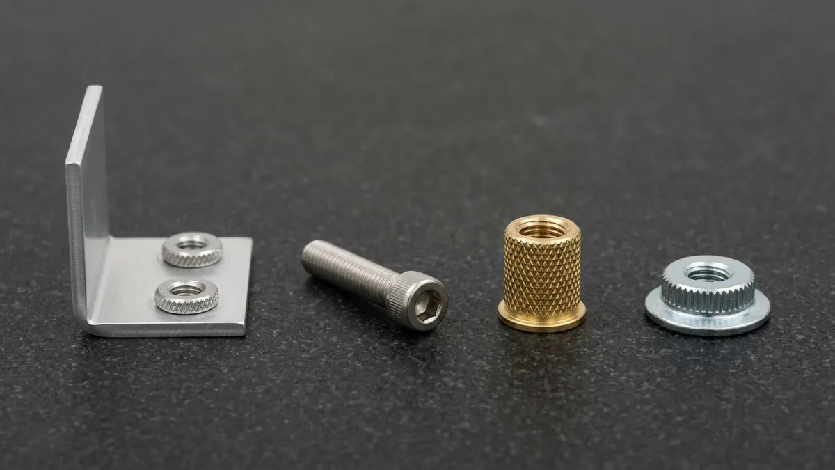 5052-H32 aluminum bracket with pressed clinch nuts, 316 stainless socket-head cap screw, brass insert, and clinch nut