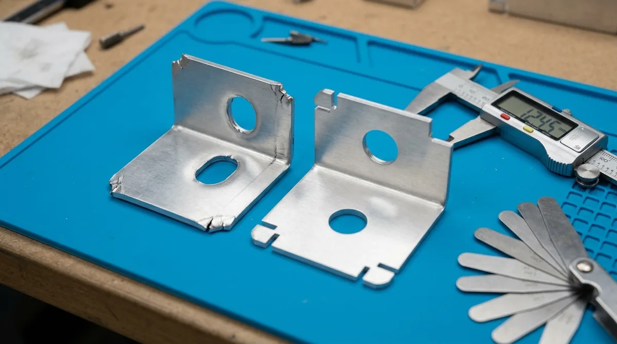 Comparison of Sheet Metal DFM: Severe Hole Deformation and Corner Tearing Versus Optimized Bend Relief Notches and Clearances