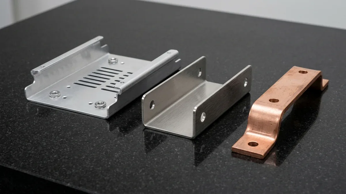 Laser-cut and CNC bent 1.5mm 5052-H32 aluminum chassis with self-clinching nuts, 304 bracket, and copper busbar