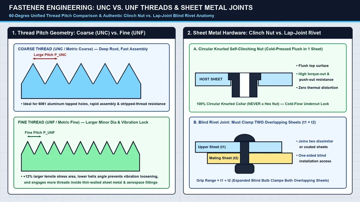 Engineering cross-section diagram comparing a sheet metal self-clinching nut against a CNC-machined tapped hole