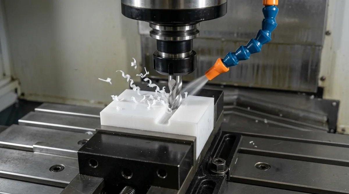 Single-flute carbide O-flute end mill milling POM-C Delrin plastic with high-velocity vortex cold air blast cooling