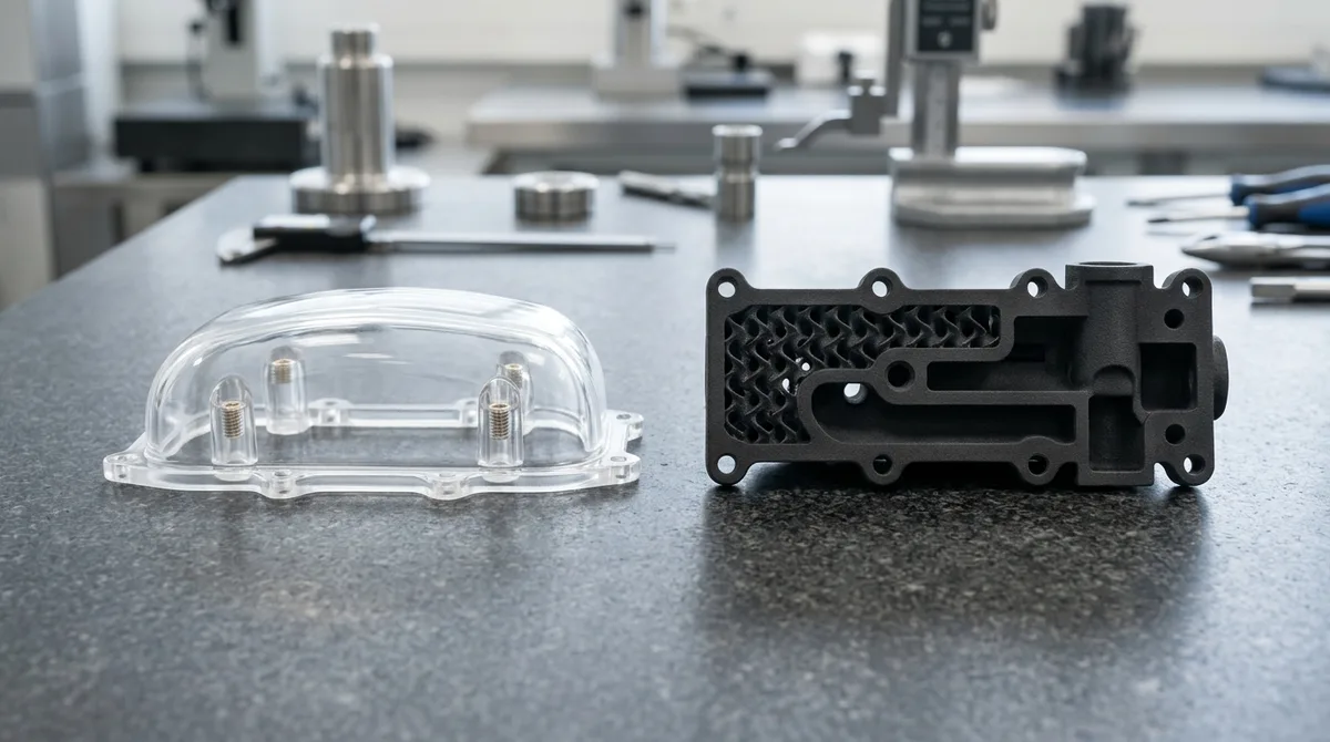 Transparent SLA 3D-printed photopolymer housing resting flat beside functional SLS PA12 nylon bracket on granite metrology surface
