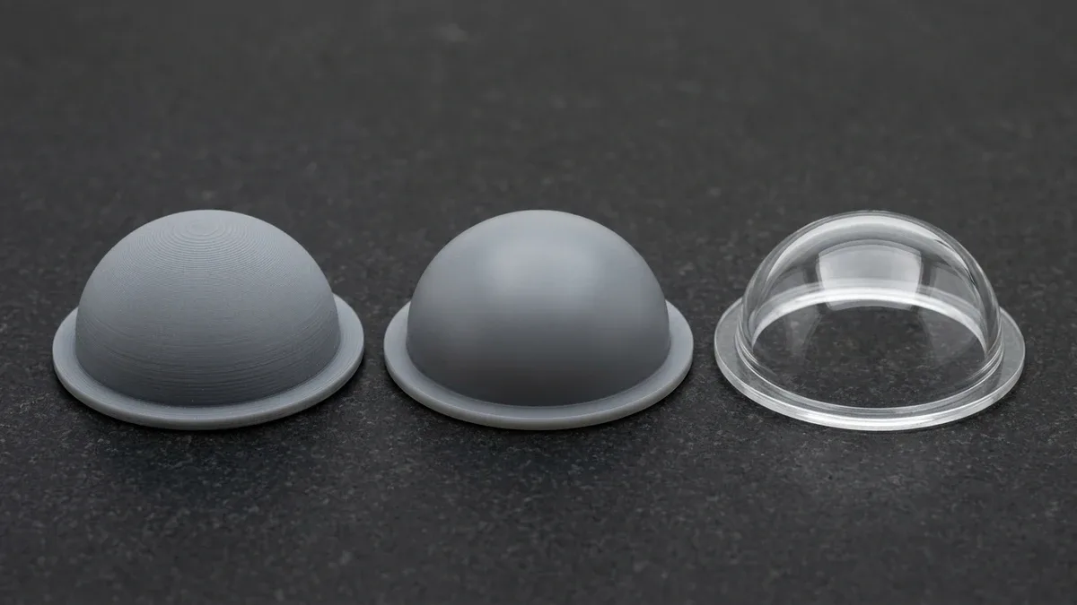 Three SLA photopolymer fluidic housing prototypes on black granite comparing flush-trimmed matte-grey cured resin, wet-sanded satin translucent resin, and vapor-polished water-clear optical finish