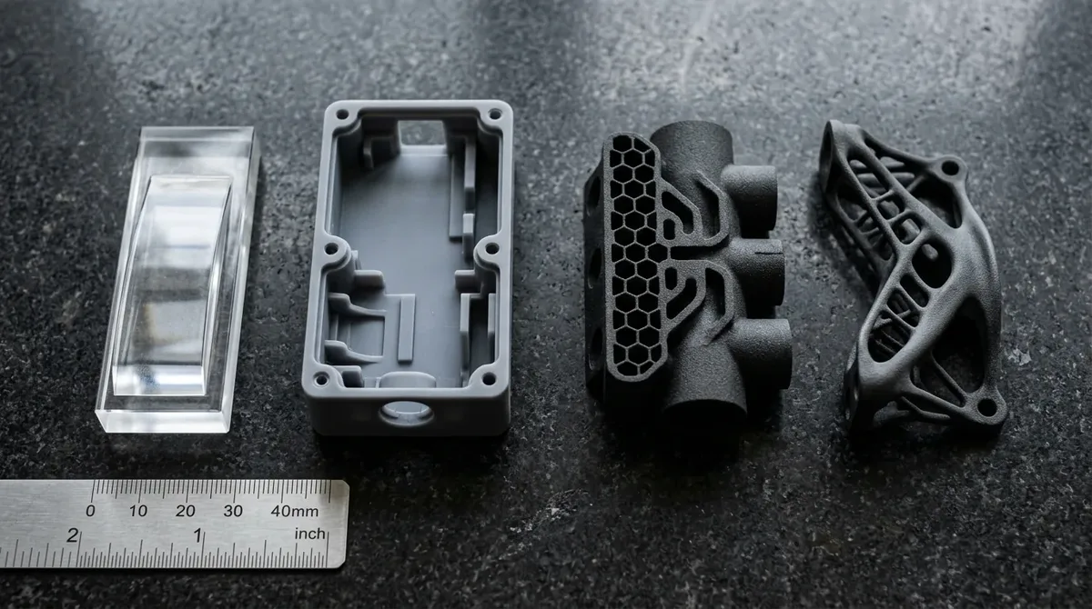 Precision SLA clear optical light guide and snap fit housing next to functional SLS nylon PA12 manifold and generative bracket flat on granite