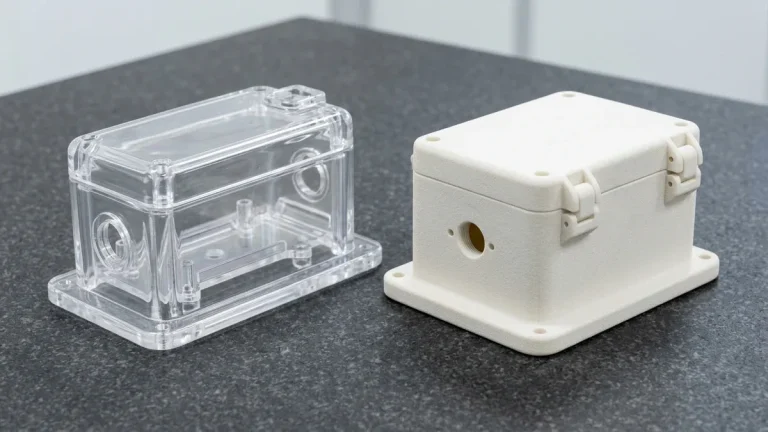 Side-by-side functional prototype housings of identical geometry on black granite comparing water-clear SLA photopolymer with glass-smooth walls against natural off-white SLS PA12 nylon with cantilever snap-fit latches