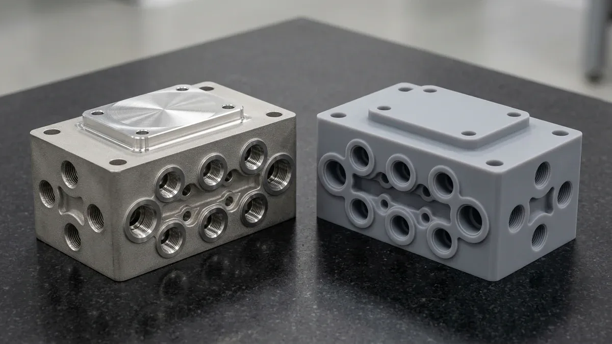 Side-by-side hydraulic manifold blocks on black granite comparing DMLS 316L stainless steel with matte bead-blasted body and CNC-machined top datum pad against isotropic smooth matte-grey SLA photopolymer