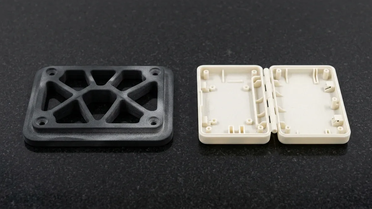 Two SLS PA12 nylon mechanical prototypes on black granite: dyed matte-black structural drone motor arm bracket with truss pockets and natural off-white clamshell enclosure with living hinge and snap-fit hooks