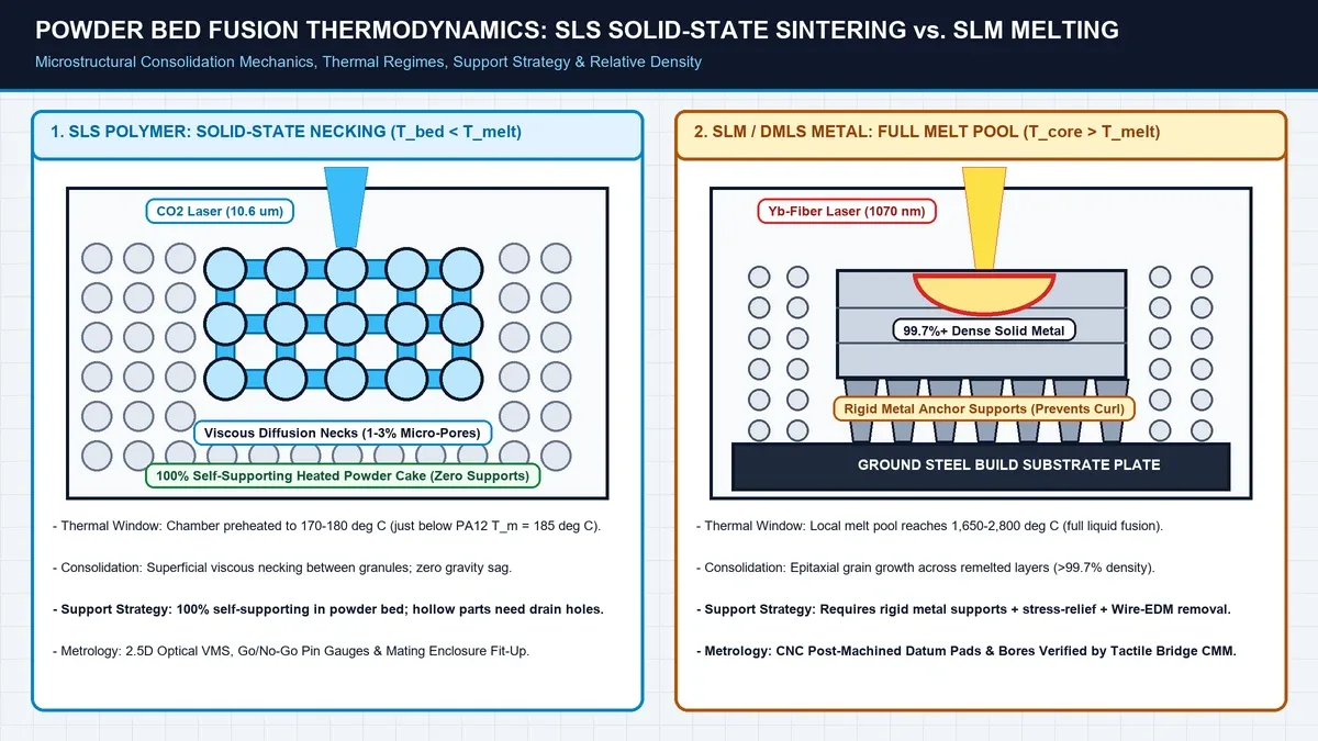 2D engineering schematic comparing SLS CO2 laser solid-state neck sintering in self-supporting PA12 nylon powder against SLM/DMLS fiber laser full liquid melting with metal heat-sink anchors on a steel build plate