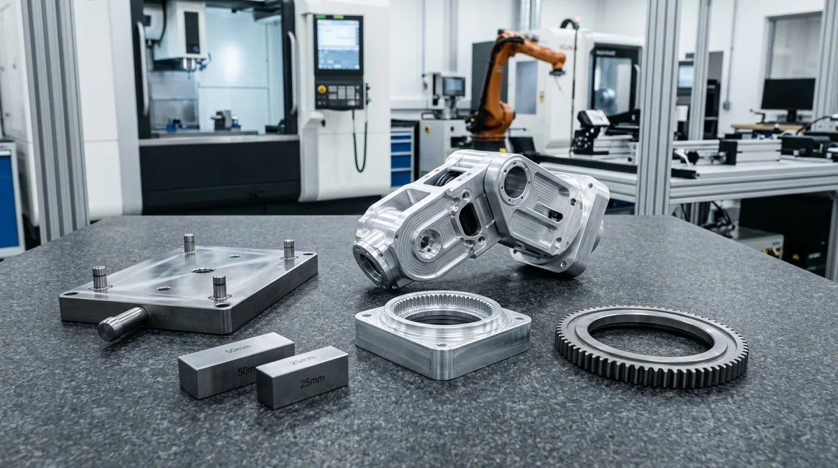 Automated CNC manufacturing cell producing precision 7075-T6 robotic actuator housing resting on granite plate with gauge blocks