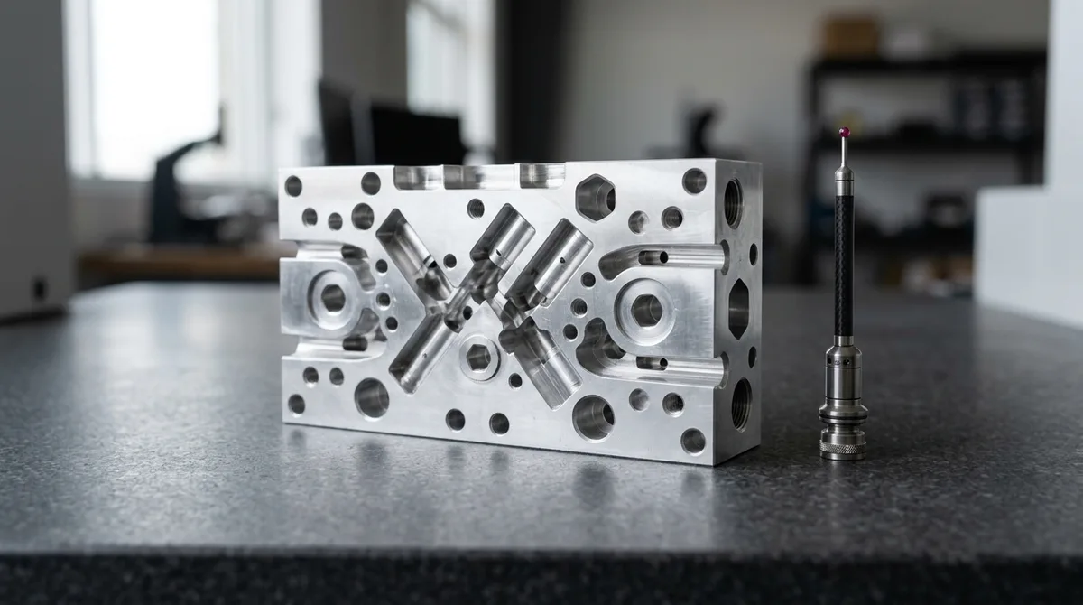 5-axis CNC machined aerospace manifold block on granite surface plate beside ruby stylus CMM probe for closed-loop metrology