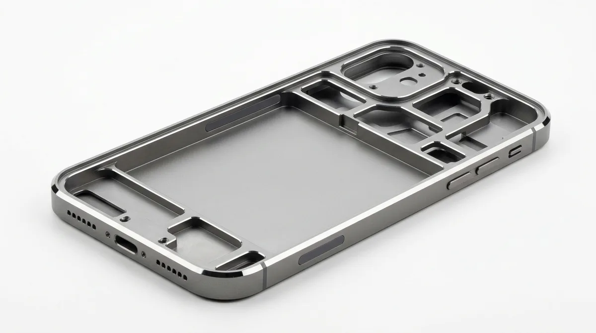 Space Grey Anodized 6063-T6 Aluminum Phone Housing Unibody Chassis with Diamond-Cut Chamfers on Pure White Background