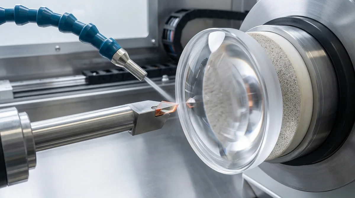 Ultra-precision SPDT lathe machining optical PMMA aspheric headlamp projector lens on porous ceramic vacuum chuck