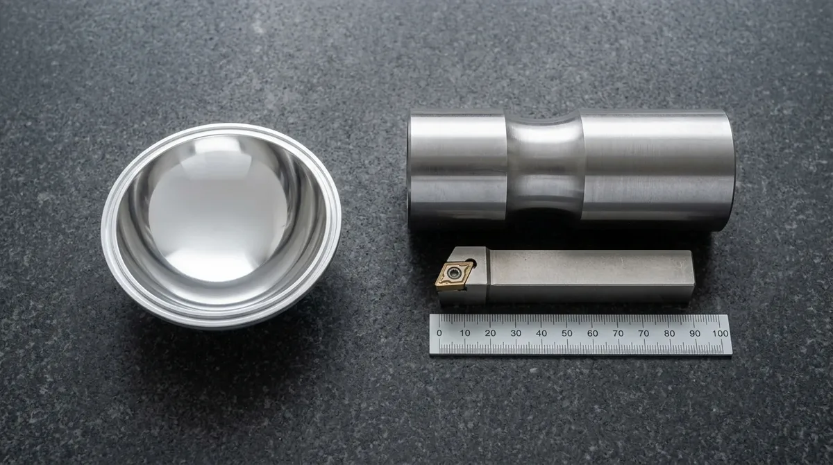 Diamond turned optical aluminum parabolic reflector cup and precision spinning mandrel tool lying flat on dark granite alongside monocrystalline diamond tool insert