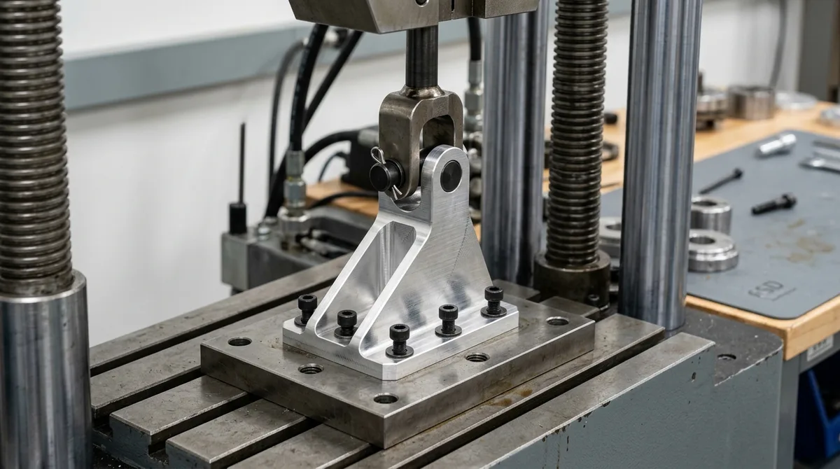 Structural proof load testing of a custom CNC milled 6061-T6 aluminum aerospace bracket bolted to test fixture and pulled via steel clevis in load frame