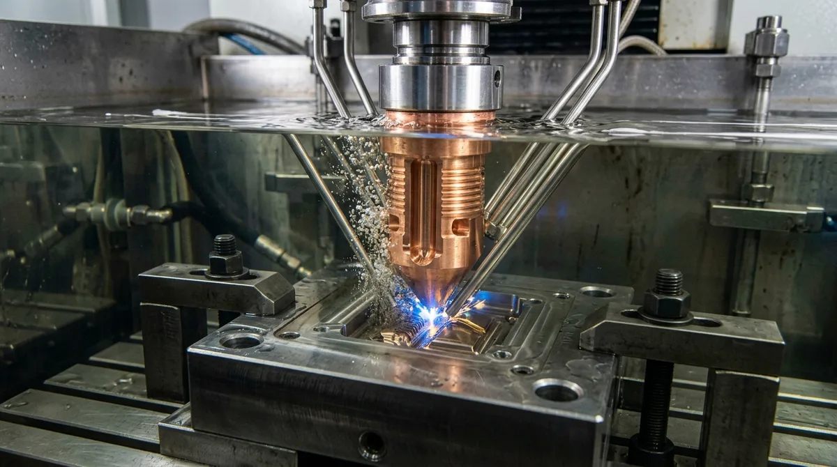 Submerged CNC sinker EDM spark erosion of sharp internal corners and cavity ribs in tool steel die plate