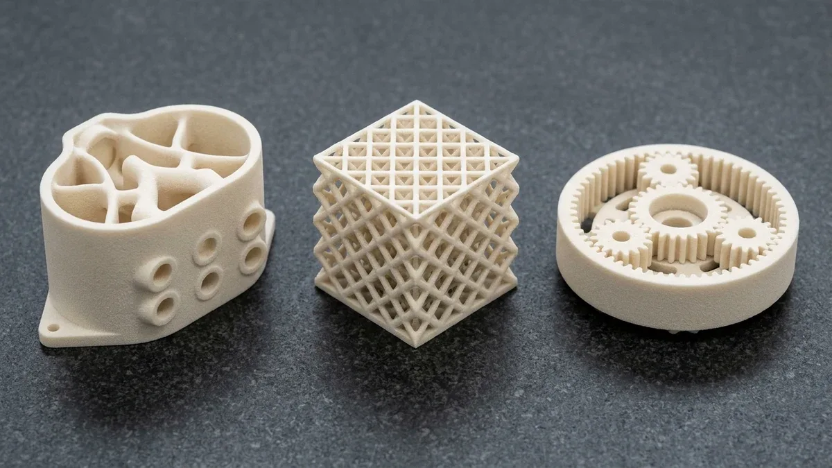Three support-free SLS natural off-white PA12 nylon prototypes on black granite: hollow air-intake manifold with drainage ports, cubic diamond-lattice damping block, and concentric planetary gear assembly