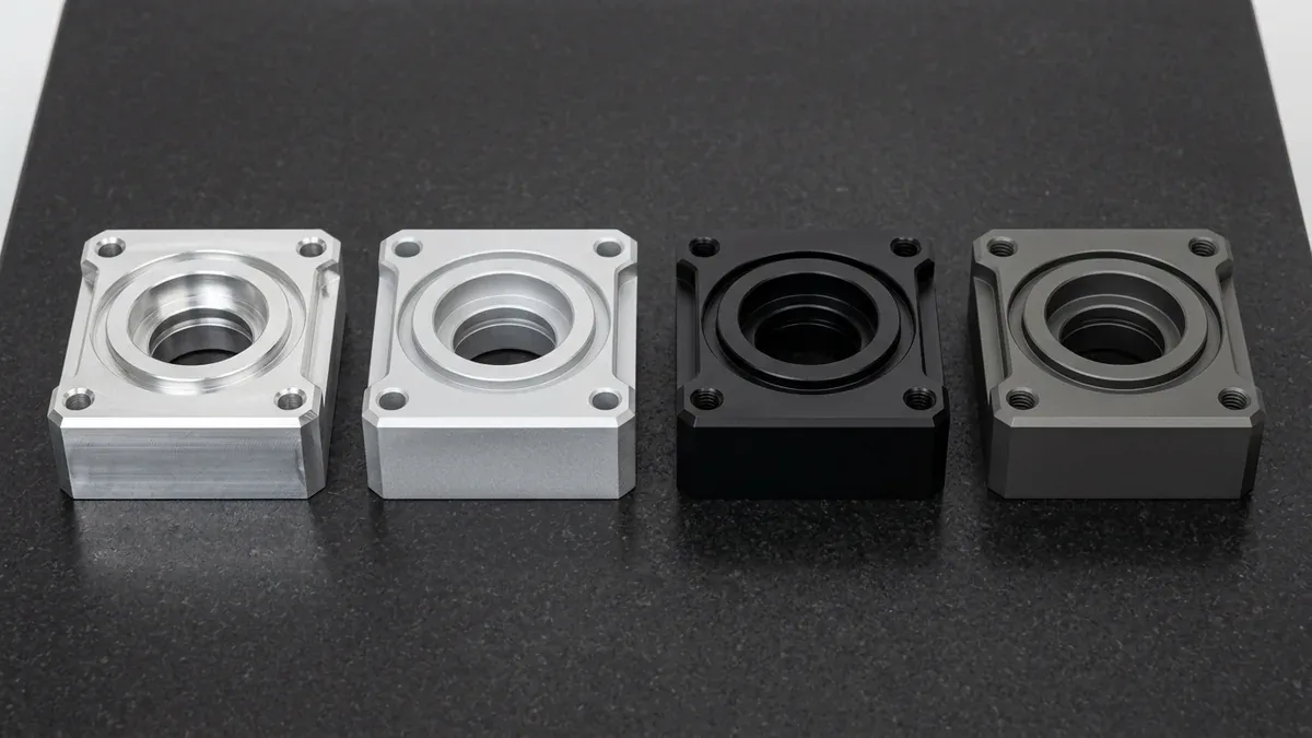 Four CNC-machined 6061-T6 aluminum blocks comparing as-machined, bead-blasted clear, black Type II, and Type III hard anodizing