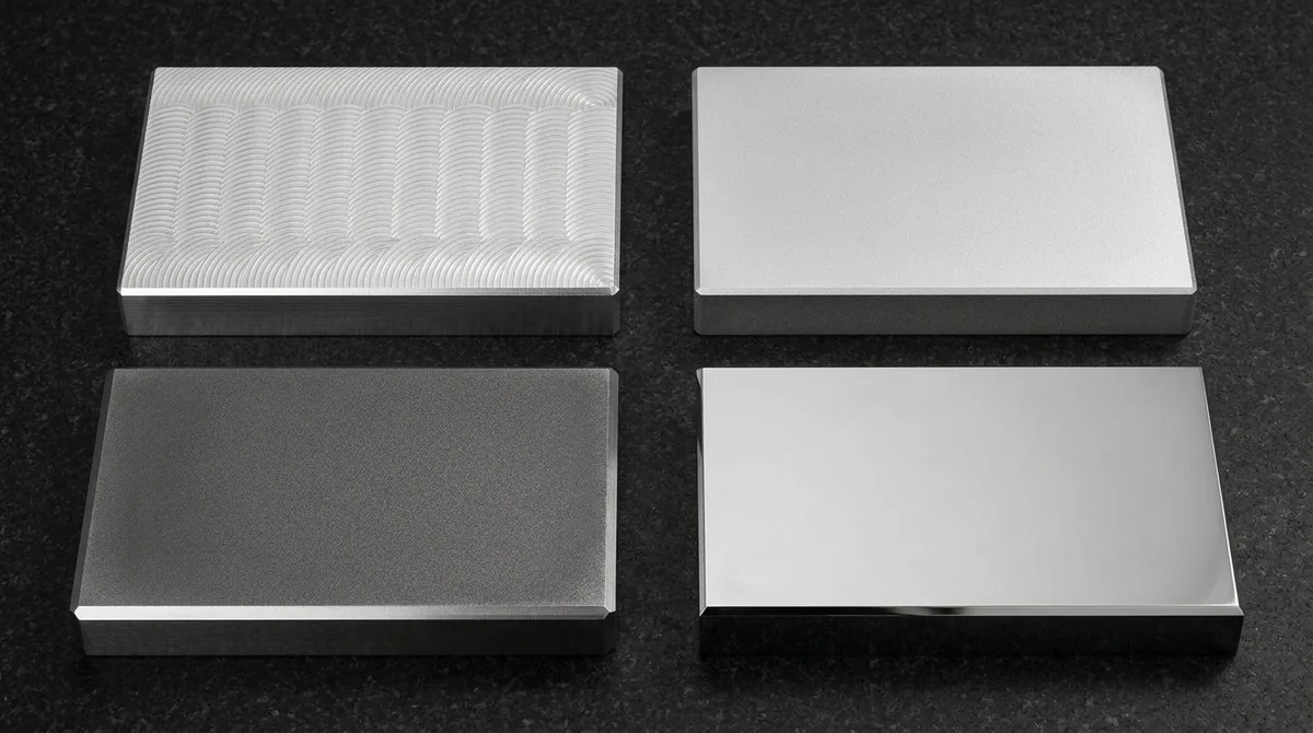 Precision manufactured metal specimens demonstrating CNC milled bead blasted EDM and mirror polished surface textures