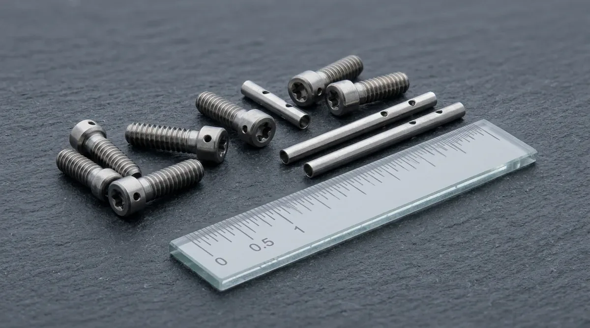Miniature Swiss-turned titanium cannulated bone screws and micro-cannula tubes with deburred cross holes lying flat on dark slate next to optical calibration scale