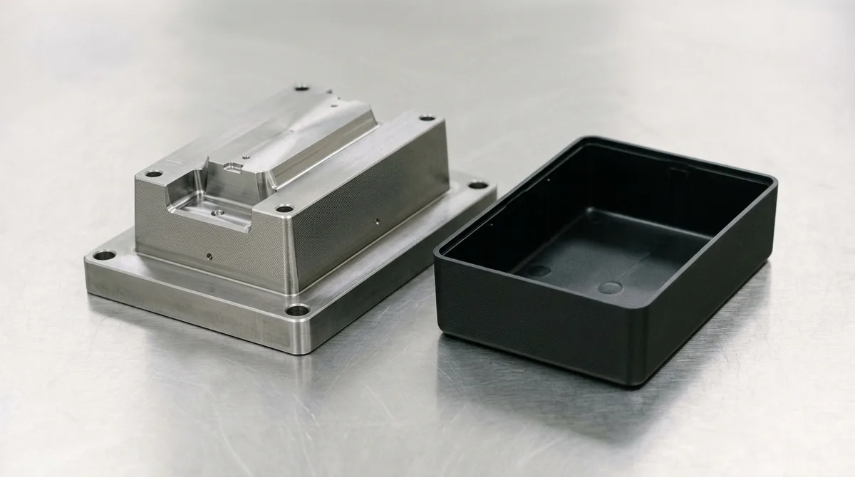 P20 tool steel mold core insert with Mold-Tech texture and positive draft angle next to molded prototype