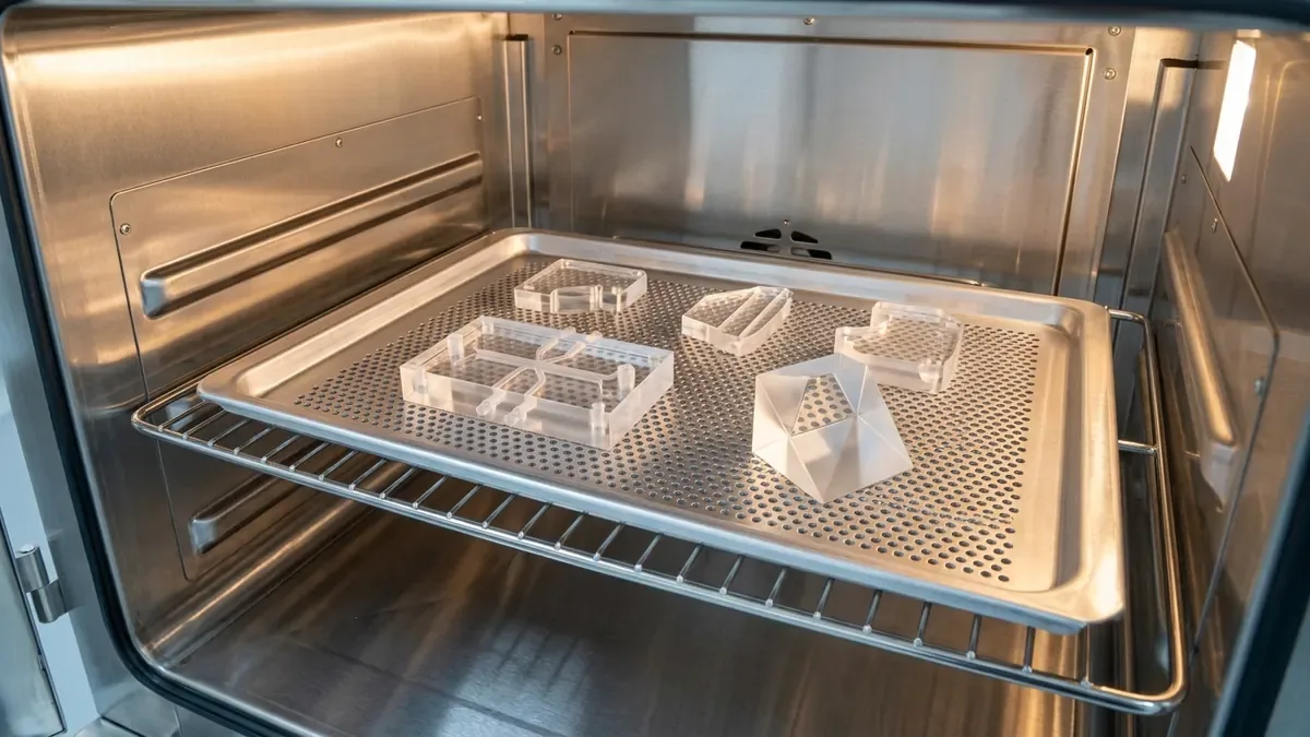 Precision Optical PMMA Acrylic Prototypes Resting Flat on Perforated Aluminum Tray in Laboratory Convection Annealing Oven