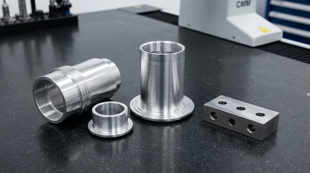 CNC turned thin-wall 6061-T6 aluminum aerospace sensor sleeves and optical barrels resting flat on granite plate