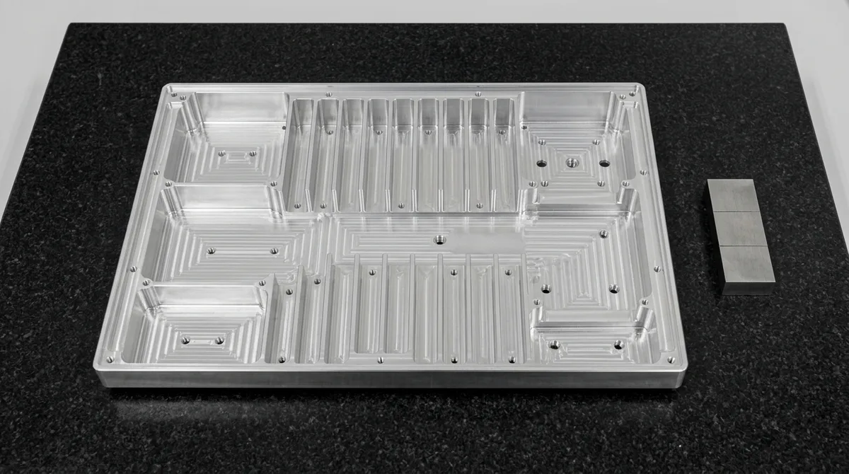 Thin-wall CNC milled 6061-T6 aluminum electronics chassis with 1.0mm vertical ribs and internal pockets