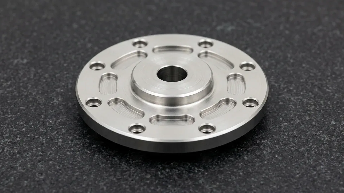 Turn-mill machined 17-4PH stainless steel rotary harmonic adapter flange showing counterbored bolt circle and reamed pilot bore