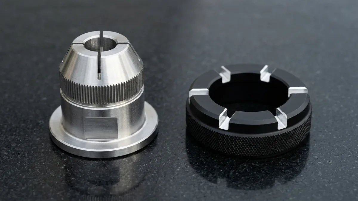 Turn-mill machined 303 stainless steel cut-knurled tapered split collet sleeve and black anodized 6061-T6 castle locknut