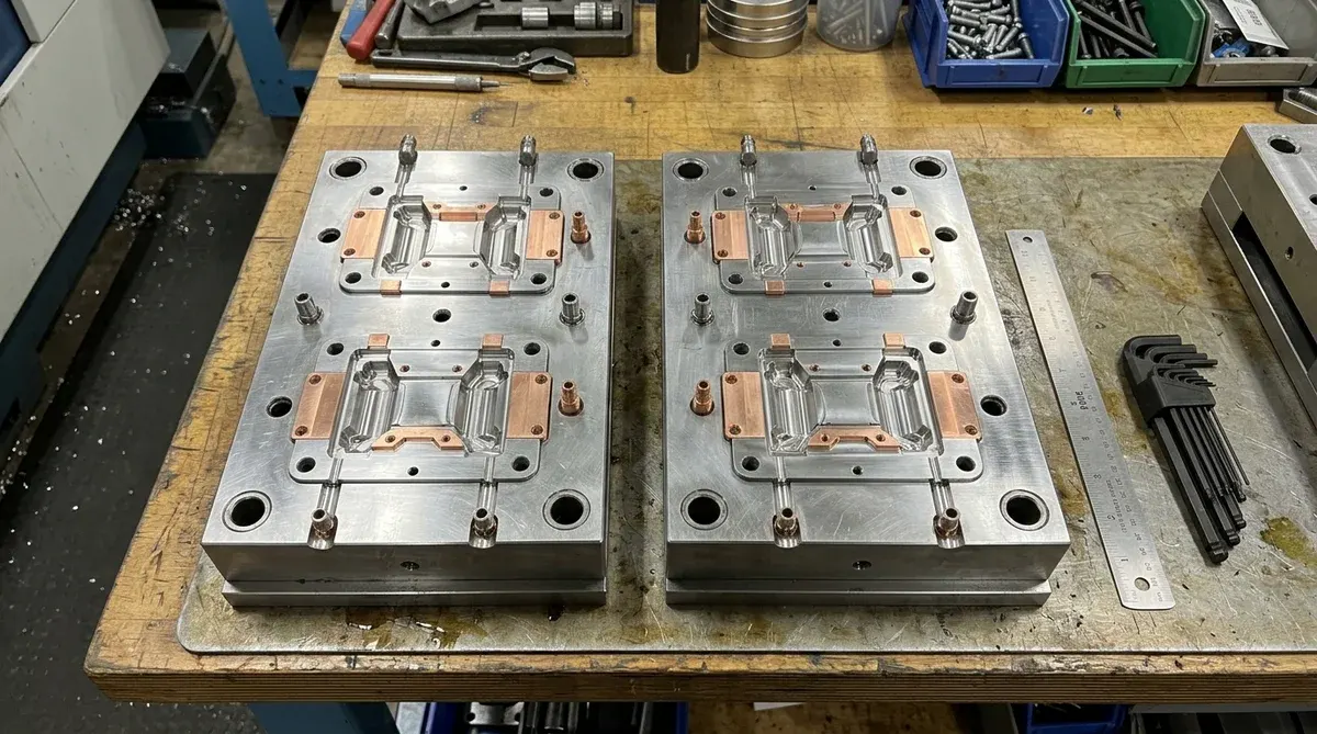 Precision two-shot 2K injection mold core plates resting flat on toolroom workbench showing dual cavities with beryllium copper thermal cooling inserts