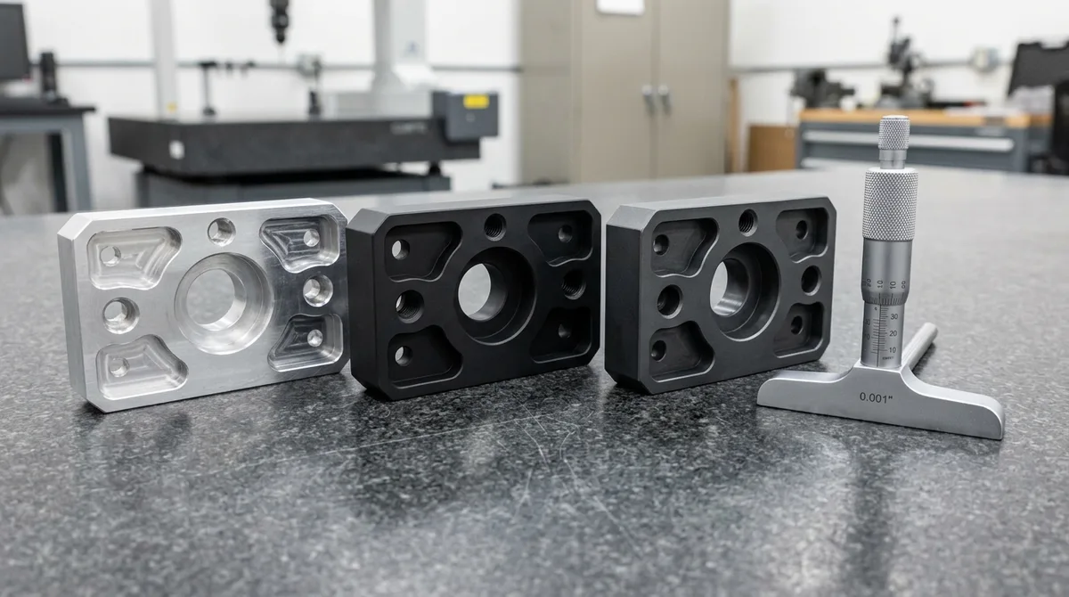 Raw milled Type II black and Type III hardcoat anodized aluminum prototype brackets flat on granite inspection plate beside depth micrometer