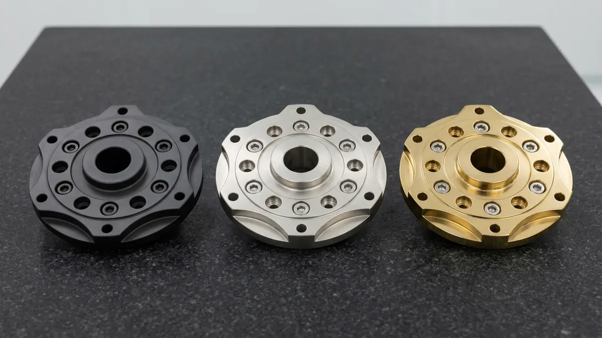CNC machined 6061-T6 aluminum 4140 steel and 17-4PH rotary adapter flanges showing hardcoat anodize ENP and TiN PVD finishes