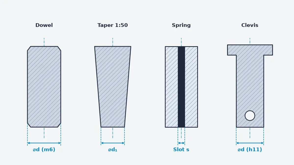 CAD cross-section schematic comparing cylindrical dowel, 1:50 conical taper, slotted spring, and clevis pin profiles.